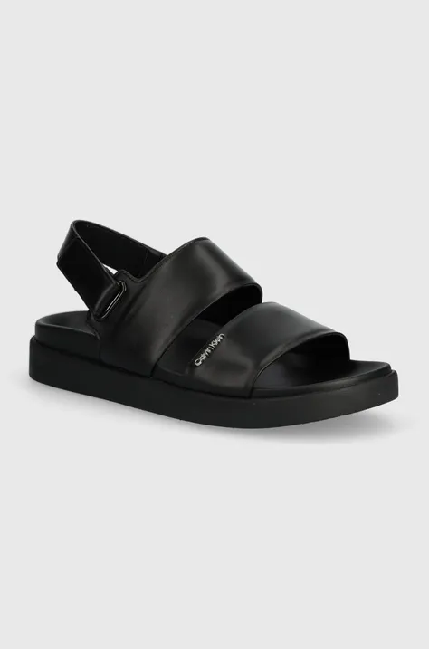 Calvin Klein sandale de piele FLAT SANDAL CALVIN MTL LTH femei, culoarea negru, HW0HW01984