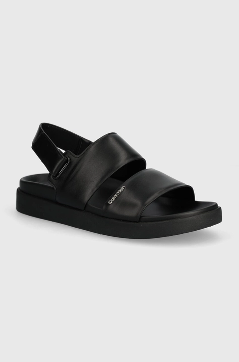 Calvin Klein bőr szandál FLAT SANDAL CALVIN MTL LTH fekete, női, HW0HW01984