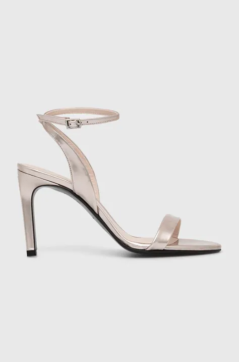 Calvin Klein sandale de piele HEEL SANDAL 90 PEARL culoarea auriu, HW0HW02026