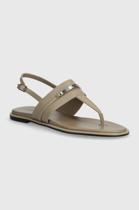 Calvin Klein sandale de piele FLAT TP SANDAL METAL BAR LTH femei, culoarea bej, HW0HW02031