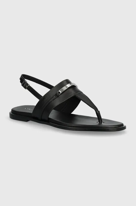 Calvin Klein sandale de piele FLAT TP SANDAL METAL BAR LTH femei, culoarea negru, HW0HW02031