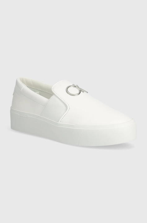 Kožené tenisky Calvin Klein FLATFORM CUP SLIP ON RE LOCK LTH dámske, biela farba, HW0HW02057