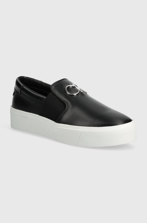 Usnjene teniske Calvin Klein FLATFORM CUP SLIP ON RE LOCK LTH ženske, črna barva, HW0HW02057