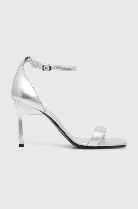 Kožené sandály Calvin Klein HEEL SANDAL 90 MET stříbrná barva, HW0HW02132