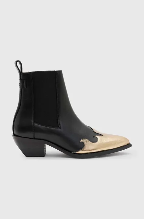 Usnjeni kavbojski škornji AllSaints Dellaware Boot ženski, črna barva, WF733Z