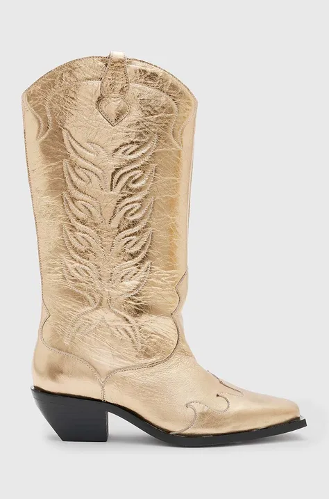 Kožené kovbojské topánky AllSaints Dolly Boot dámske, zlatá farba, na podpätku, WF763Z