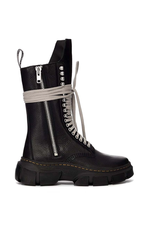 Rick Owens cizme de piele x Dr. Martens 1918 Calf Length Boot femei, culoarea negru, cu toc plat, DW01D7808