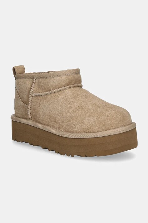 UGG cizme de zapada din piele intoarsa CLASSIC ULTRA MINI PLATFORM culoarea bej
