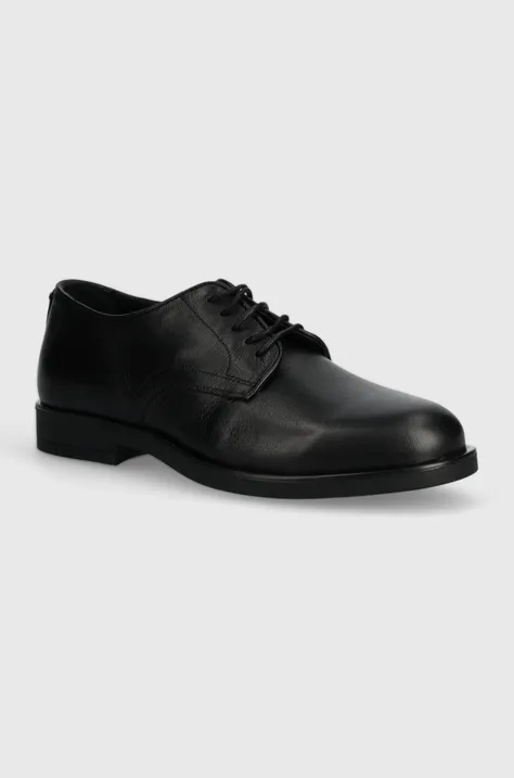 Kožené poltopánky Calvin Klein DERBY pánske, čierna farba, HM0HM01246