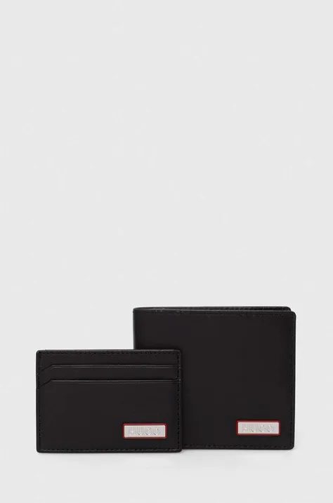 Δερμάτινο πορτοφόλι και θήκη καρτών HUGO χρώμα: μαύρο