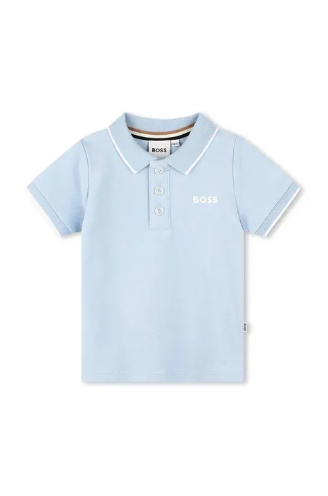 Бебешка памучна тениска с яка BOSS в синьо с изчистен дизайн