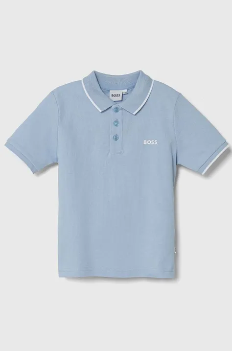 Детска памучна тениска с яка BOSS в синьо с изчистен дизайн