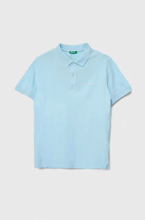 Детска памучна тениска с яка United Colors of Benetton в синьо с изчистен дизайн