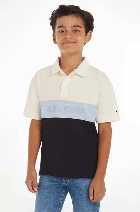 Детска памучна тениска с яка Tommy Hilfiger в бежово с десен