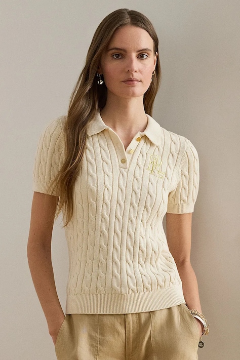 Lauren Ralph Lauren πουλόβερ με κοντό μανίκι γυναικείο βαμβακερό μπεζ 200932224