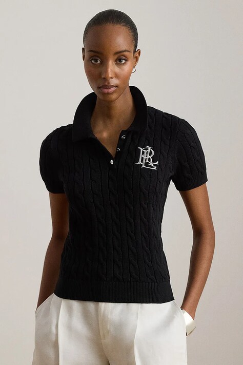 Lauren Ralph Lauren pulover cu mânecă scurtă pentru femei, din bumbac negru 200932224