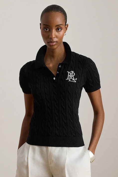 Lauren Ralph Lauren pulover cu mânecă scurtă pentru femei, din bumbac negru 200932224
