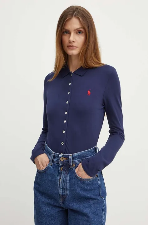 Košile Polo Ralph Lauren dámská, tmavomodrá barva, slim, s klasickým límcem, 211941176