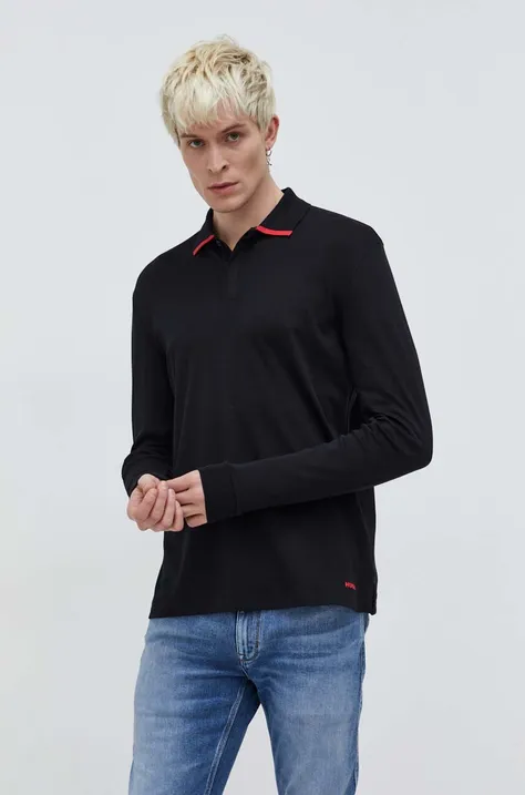 Βαμβακερή μπλούζα με μακριά μανίκια HUGO χρώμα: μαύρο