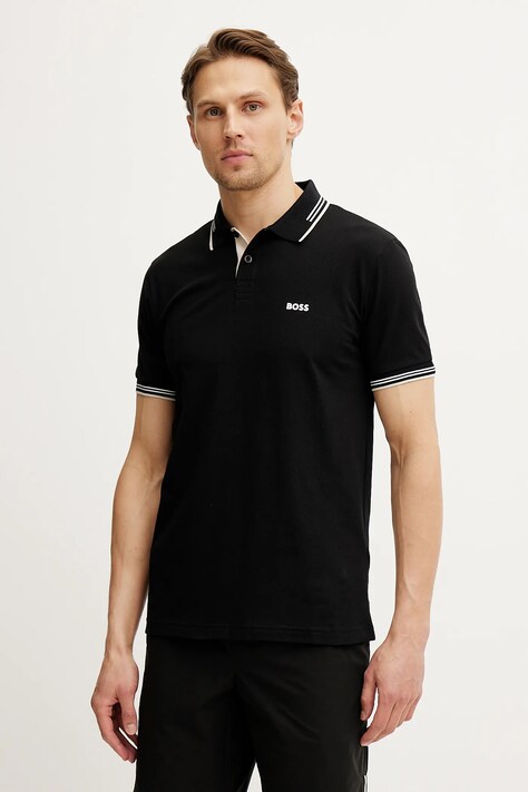 BOSS Green tricou polo barbati, culoarea negru, cu imprimeu, 50506193