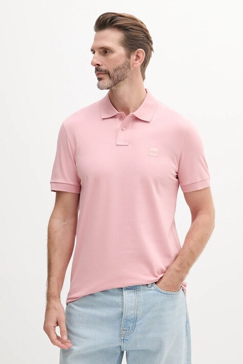 BOSS Orange polo męski kolor różowy gładki 50507803