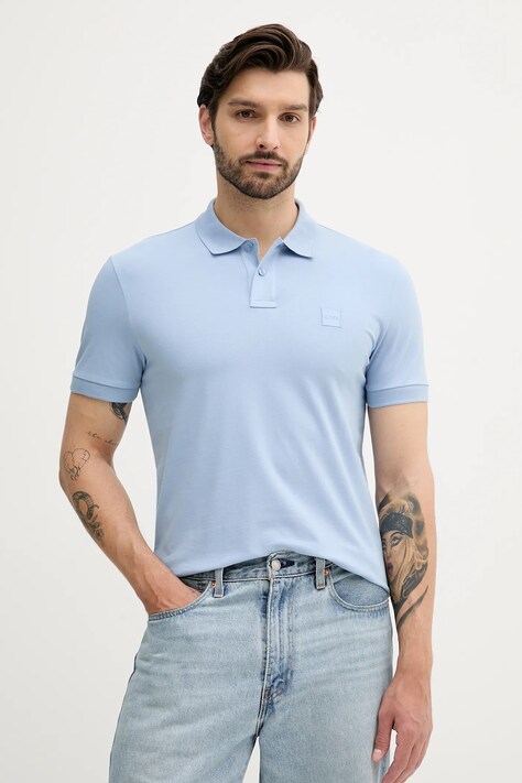 BOSS Orange tricou polo bărbați, culoarea albastru, uni, 50507803