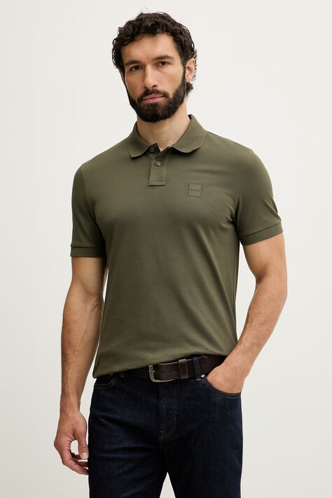BOSS Orange polo męskie bawełniane z elastanem Passenger zielone 50507803