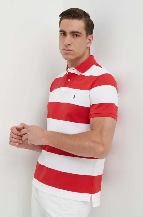 Памучна тениска с яка Polo Ralph Lauren в червено с десен 710926400