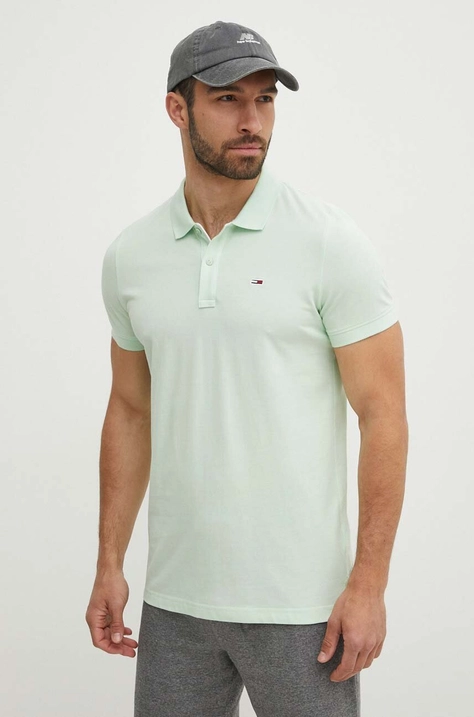 Tommy Jeans polo de bumbac culoarea verde, neted, DM0DM18312