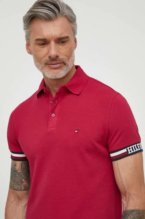 Polo majica Tommy Hilfiger za muškarce, boja: bordo, s aplikacijom