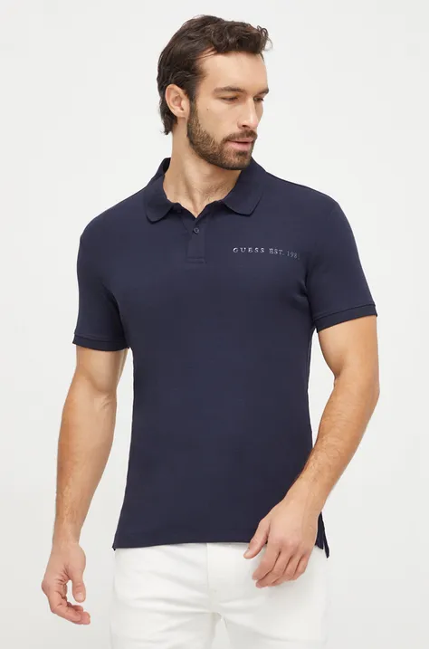 Guess tricou polo barbati, culoarea albastru marin, neted