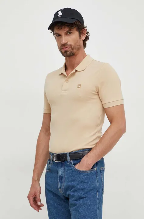 Polo tričko Calvin Klein Jeans pánsky, béžová farba, jednofarebný