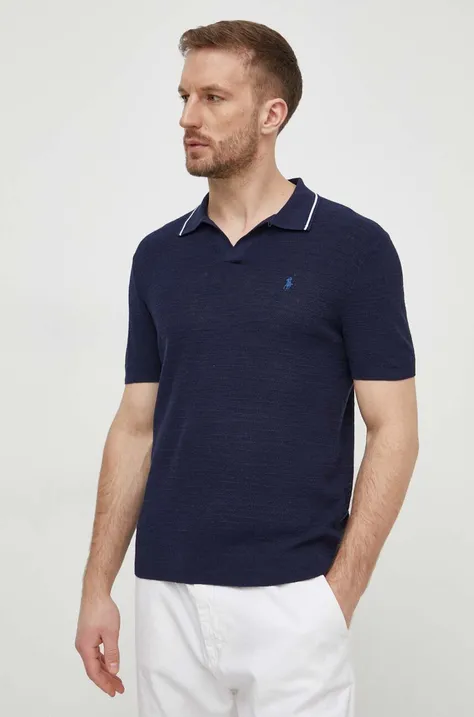Polo tričko s prímesou ľanu Polo Ralph Lauren tmavomodrá farba,jednofarebný,710934180