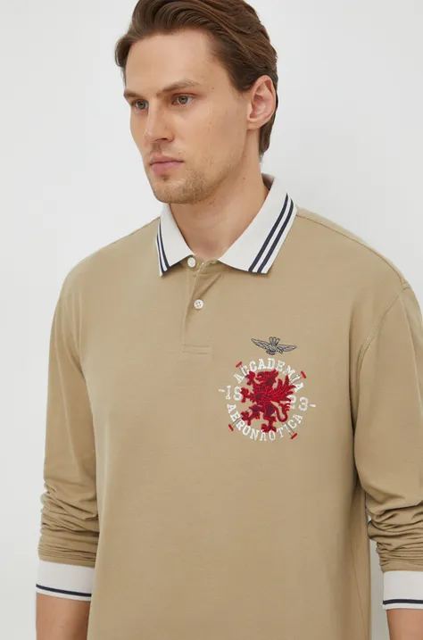 Bavlnené tričko s dlhým rukávom Aeronautica Militare béžová farba, s nášivkou