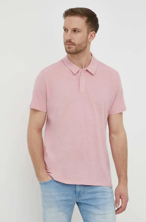 Polo tričko s prímesou ľanu Pepe Jeans ružová farba, jednofarebný
