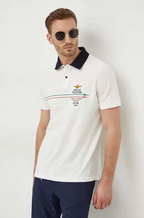 Bavlněné polo tričko Aeronautica Militare bílá barva, s aplikací