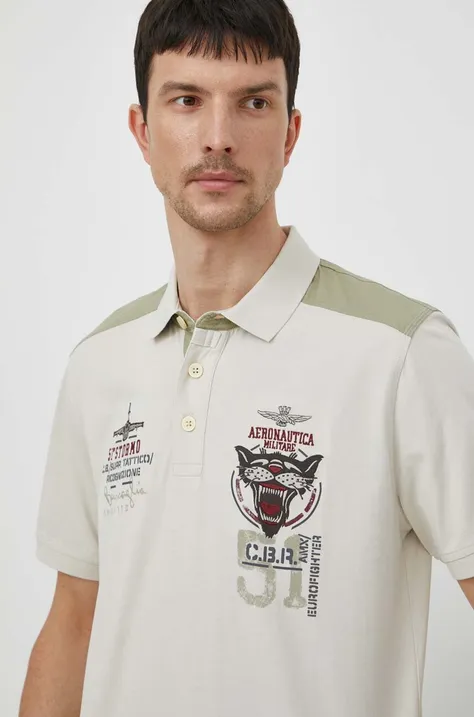 Bavlnené polo tričko Aeronautica Militare béžová farba, s nášivkou, PO1776J611