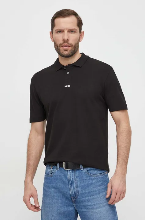 Pamučna polo majica HUGO boja: crna, bez uzorka