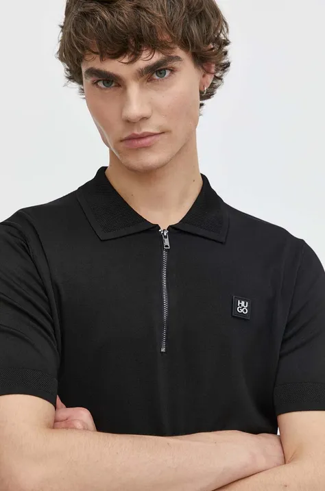 Polo majica HUGO za muškarce, boja: crna, bez uzorka