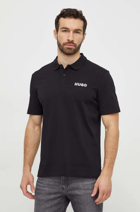 Pamučna polo majica HUGO boja: crna, s aplikacijom