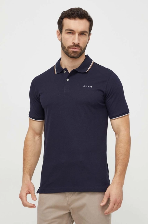 Guess tricou polo barbati, culoarea albastru marin, cu imprimeu