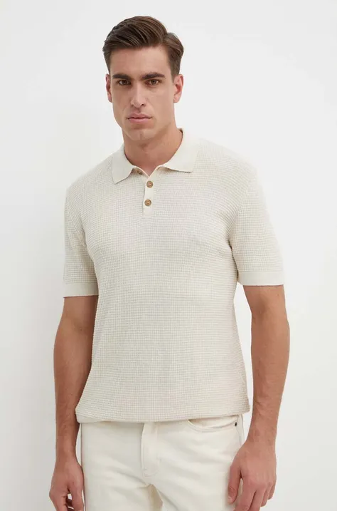 Polo tričko s prímesou ľanu Sisley béžová farba, jednofarebný