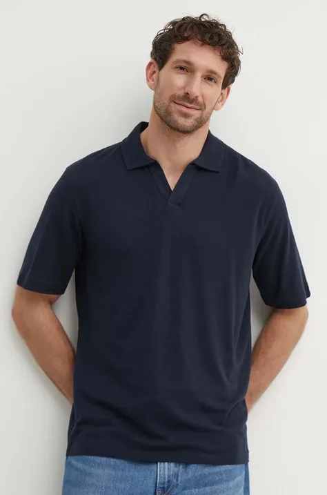 Lanena polo majica Sisley boja: tamno plava, bez uzorka