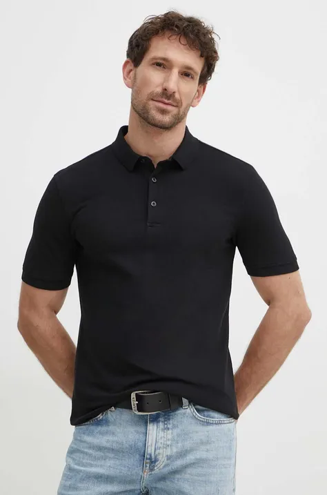 Bavlnené polo tričko Sisley čierna farba, jednofarebný