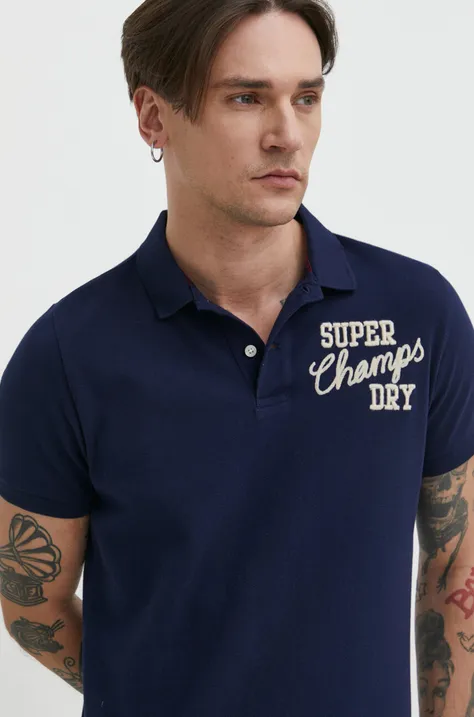 Bavlněné polo tričko Superdry tmavomodrá barva, s aplikací
