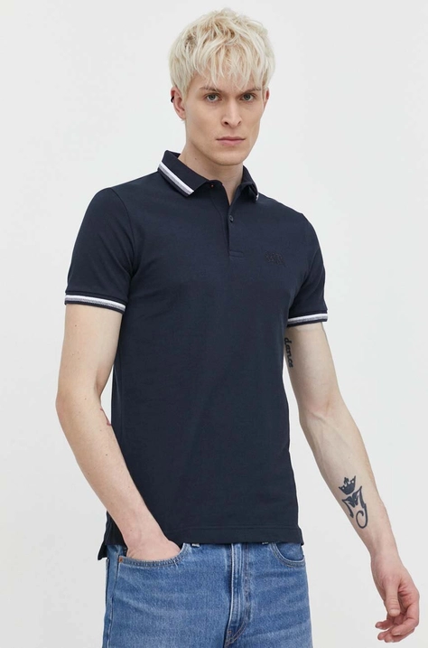 Superdry polo de bumbac culoarea albastru marin, neted