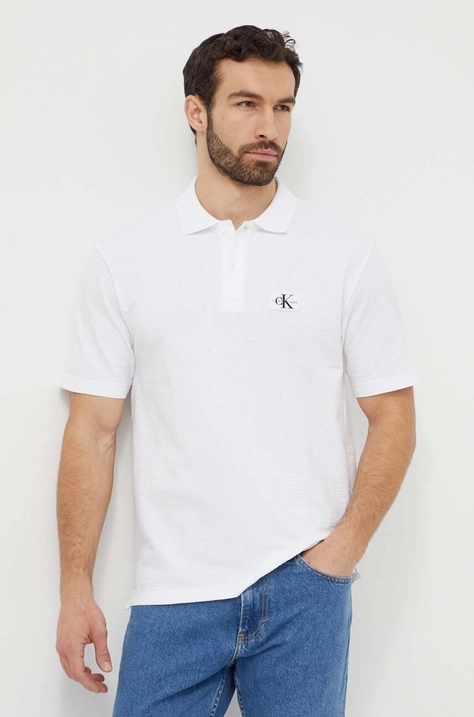 Calvin Klein Jeans tricou polo bărbați, culoarea alb, cu imprimeu J30J325433