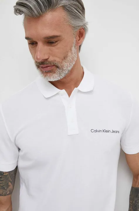 Polo tričko Calvin Klein Jeans pánsky, béžová farba, s potlačou