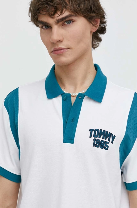 Tommy Jeans polo de bumbac culoarea alb, cu model, DM0DM18919