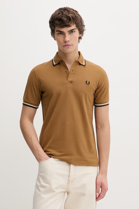 Памучна тениска с яка Fred Perry Twin Tipped Shirt в кафяво с изчистен дизайн M12.V46